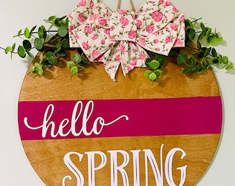 Hello Spring Wooden Door Hanger: Pink Floral Bow Decor