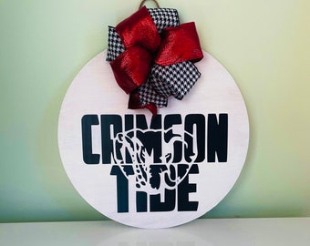 Front Door Decor | Wreath Alabama Roll Tide |Crimson Red Crimson Hanger | Football Fan Gift Home Decor Houndstooth |  Bow College
