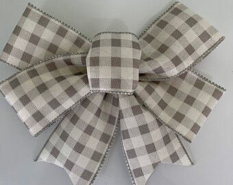 Handmade Bow- Gingham Plaid Ivory Grey Checkered Wreath Decor Gift Wrap Wired Ribbon Burlap 2.5” Ribbon