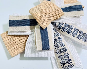 Handmade Bow- Navy Blue White Design Wreath Decor Gift Wrap Wired Ribbon Burlap 2.5” Ribbon