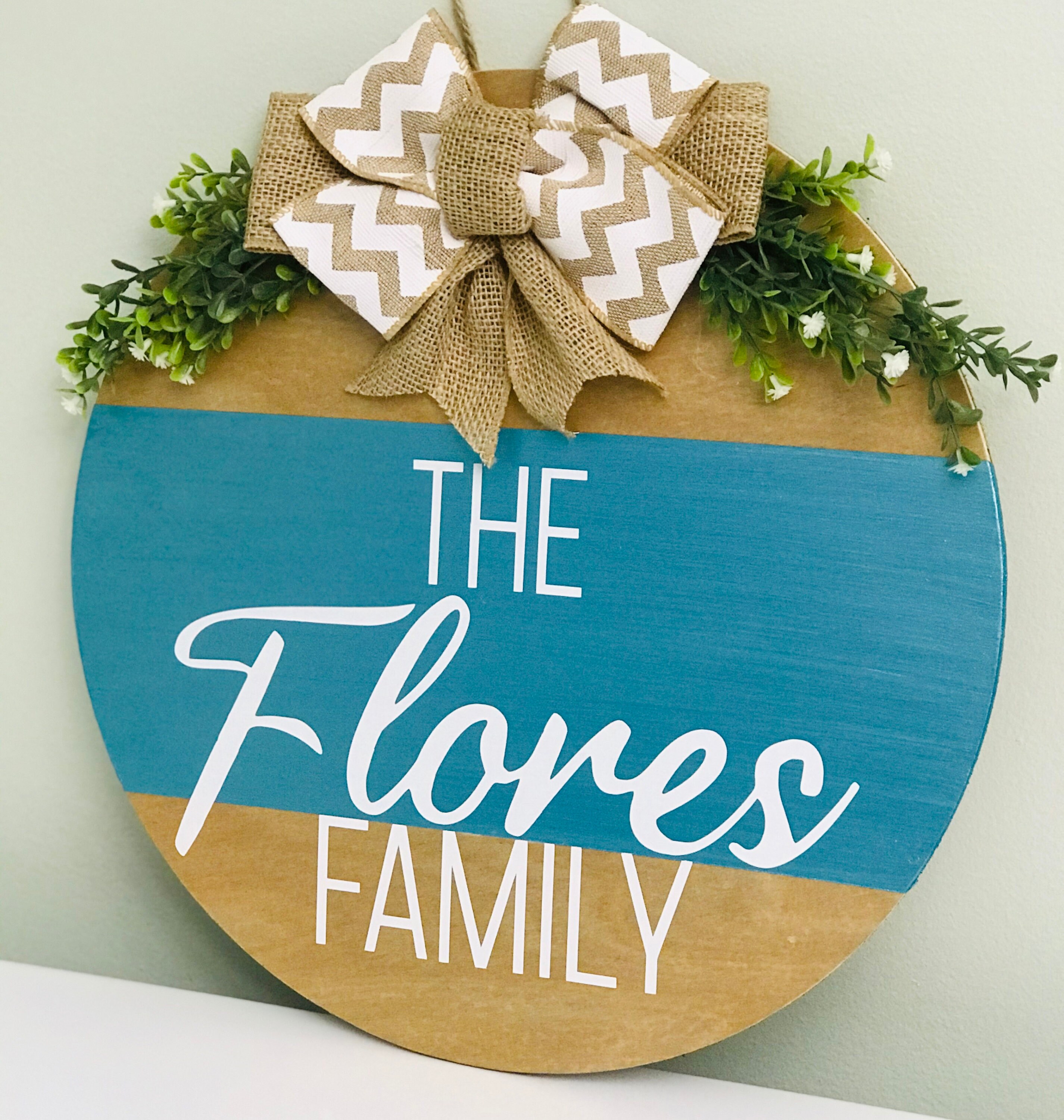 Family Name Teal Aqua Metallic Custom Wood Round Door Hanger | Etsy