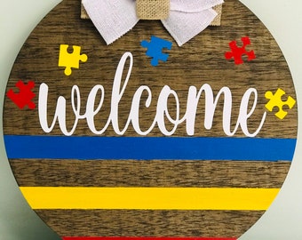 Door Hanger | Welcome Autism Awareness Month |April Child |Wooden Decor |Wreath Burlap | Bow Yellow Blue Red Kid Special Spectrum