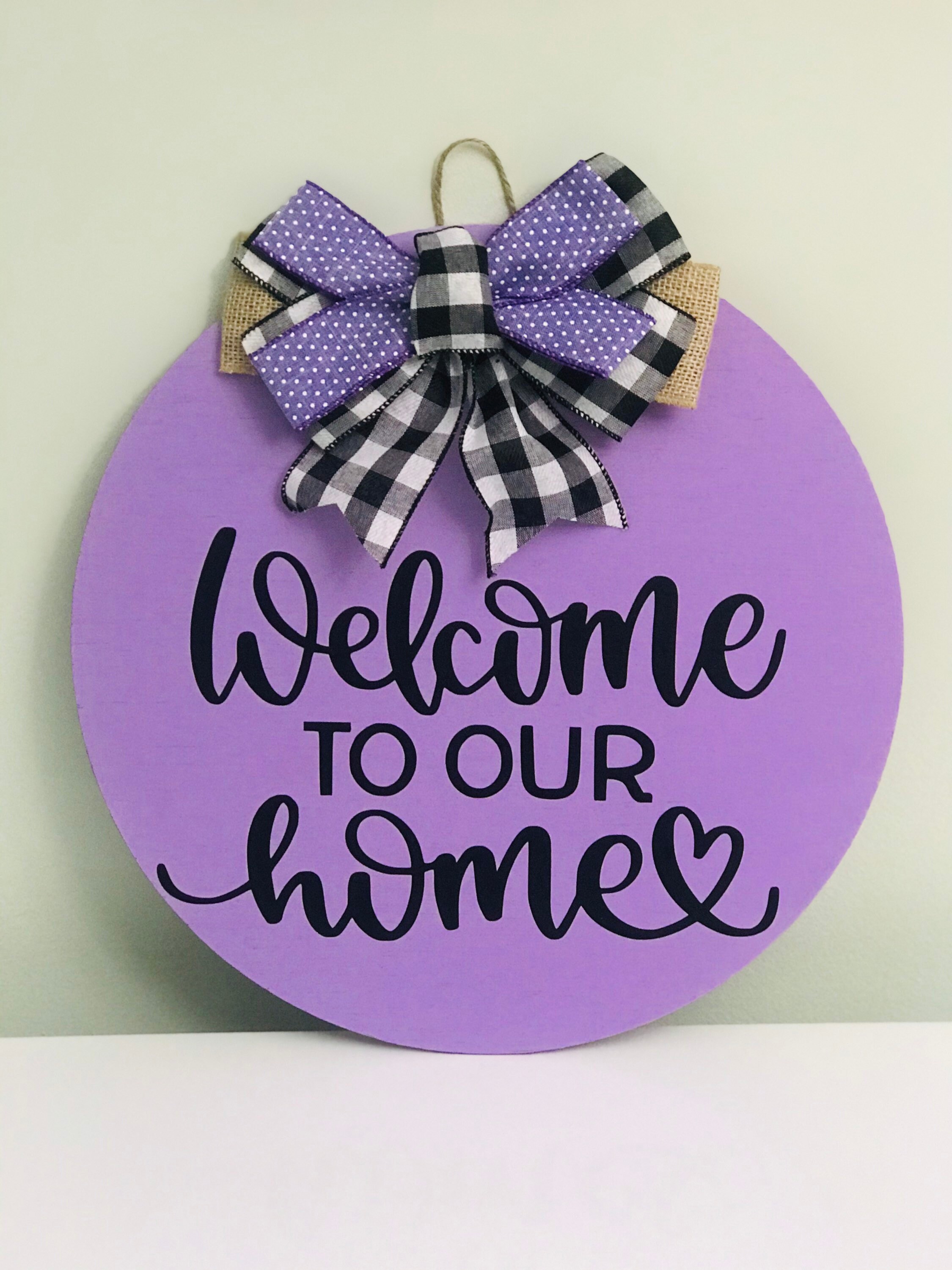 Front Door Decor Wooden Wreath Hanger Welcome Purple Black Housewarming Gift Vinyl Paint Home Decor Lavender Plaid  Round Bow Burlap Dots
