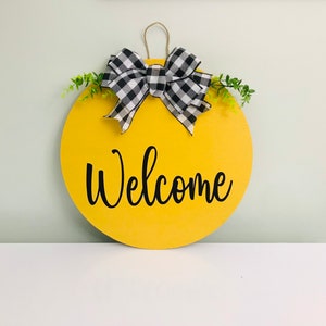 Puerta principal Decoración Corona de madera Percha Bienvenida Amarillo Negro Housewarming Regalo Vinilo Pintura Hogar Verano Primavera Redondo Arco Búfalo Plaid