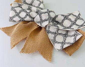 Handmade Bow- Cream Ivory Black Quatrefoil Size Wreath Decor Gift Wrap Wired Ribbon Burlap 2.5” Ribbon