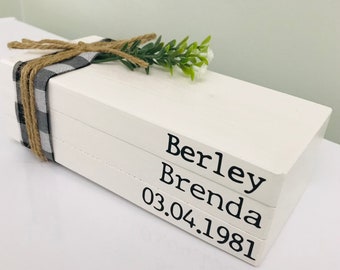 Farmhouse Faux Wooden Book Stacks Custom Jute Burlap Plaid White Greenery Decor Rustic Cottage Desk Wedding Gift Anniversary