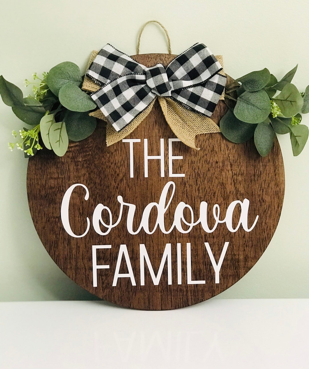 Family Name Stained Wooden Round Door Hanger Plaid Burlap Bow Greenery ...