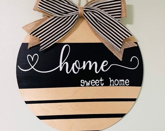 Wooden Front Door Decor Black White Stripe Burlap Bow Hanger Wreath Welcome Home Sweet Round Circle Gift Housewarming Paint Vinyl Any Season
