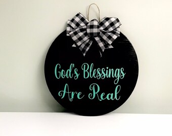 Front Door Decor Wooden Wreath Hanger Black Turquoise Gods Blessings are Real Housewarming Gift Vinyl Paint Home Decor Round Bow Plaid