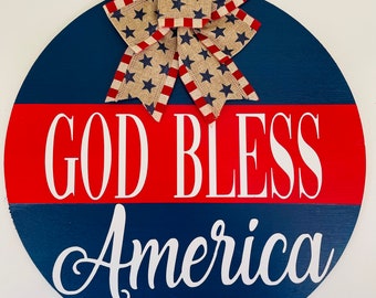 God Bless America Wooden Door Hanger Front Door Decor Home Red White Blue Stars Glitter USA Fourth of July Holiday Political Country Proud