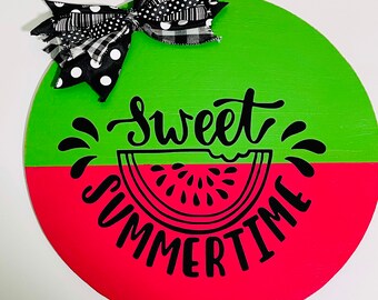 Sweet Summertime Wooden Door Hanger Pool House Wreath Pink Red Green Watermelon Black White Gift Bow Spring Beach Fun Party