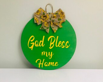 Sunflower Bow Wooden Door Hanger: Green 'God Bless' Home Decor
