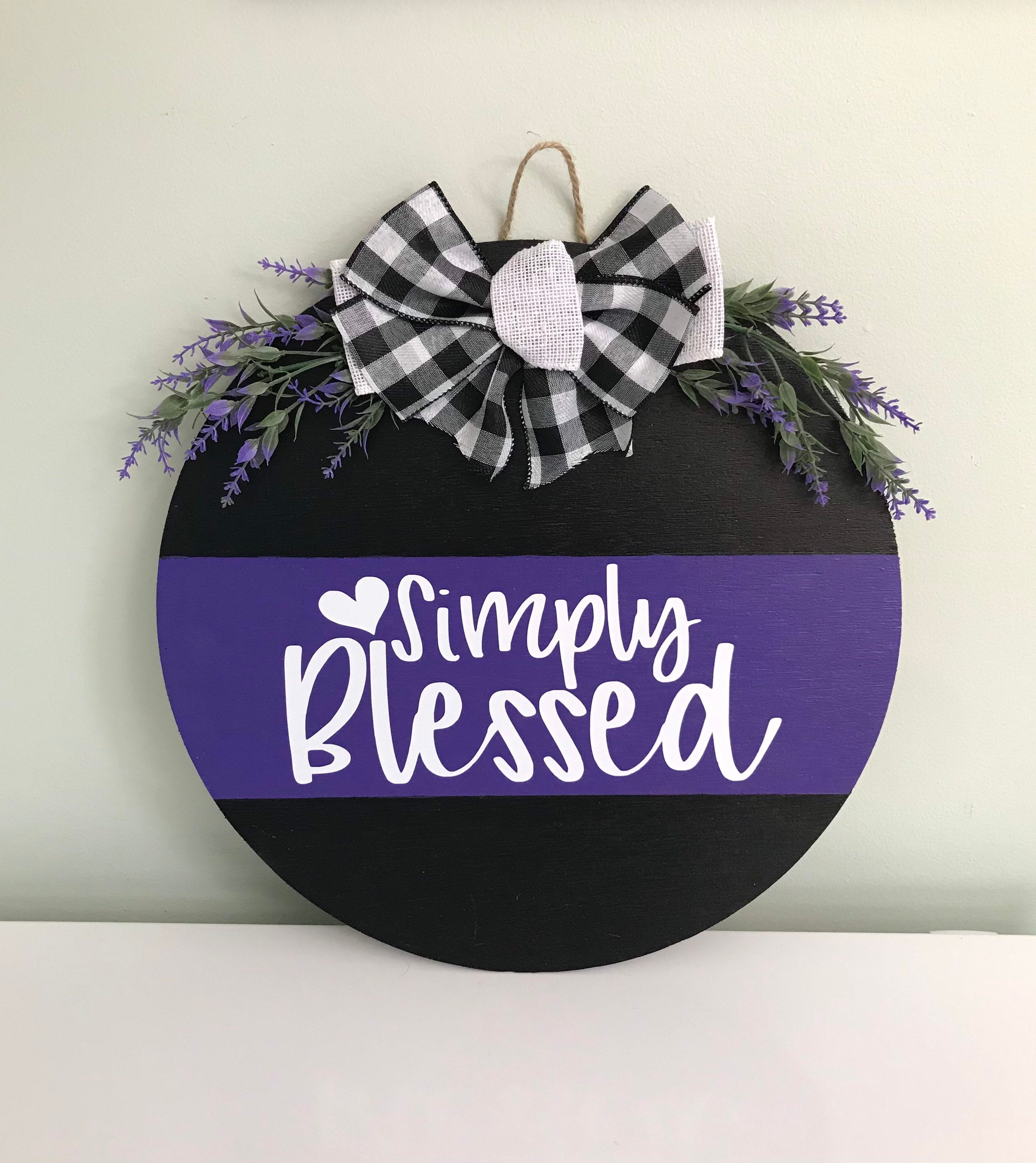 Purple Black Simply Blessed Wooden Door Hanger Plaid White Burlap Bow Front Door Decor Gift Housewarming White Hanger
