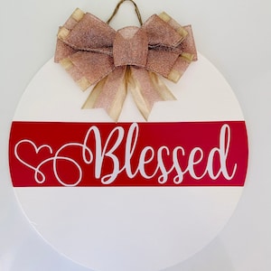 Front Door Decor | Wreath | Red White Blessed | Door Hanger | Rose Gold Glitter | Housewarming Gift | Home Decor
