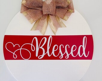 Front Door Decor | Wreath | Red White Blessed | Door Hanger | Rose Gold Glitter | Housewarming Gift | Home Decor