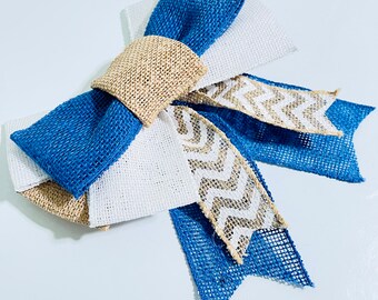 Handmade Bow- Blue White Chevron Design Wreath Decor Gift Wrap Wired Ribbon Burlap 2.5” Ribbon