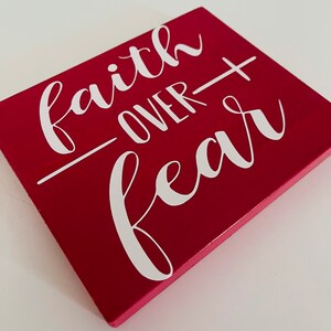 Shelf Sitter Wooden Sign Block Pink Red White Faith over Fear Quote Painted Home Decor Teenager Room Office Plaque Small Cute Religious