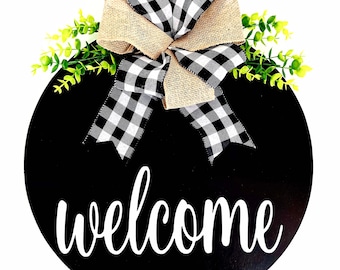 Front Door Decor - Wooden Wreath Hanger -Welcome - Black - Housewarming Gift - Vinyl- Home Decor - White - Round - Plaid Burlap Bow- Realtor