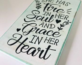 Mint Green White Distressed Black Fire In Her Soul Heart Grace Shelf Sitter Wooden Square Plaque Sign Decor Girls Room Cute Gift Christian