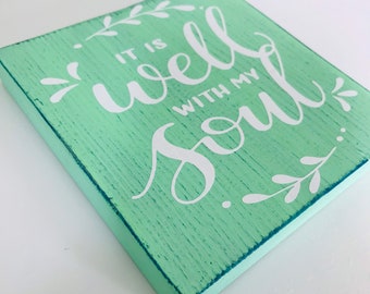 Mint Blue White Distressed It Is Well With My Soul Shelf Sitter Wooden Square Plaque Sign Decor Girls Room Cute Gift Religious