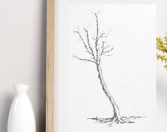 Original Sketch Tree Artwork, Minimalist Abstract Tree Drawing Pencil Charcoal, Rustic Cabin Decor, Landscape Nature Black White Drawing