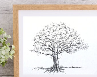 Original Sketch Tree Artwork, Minimalist Abstract Tree Drawing Pencil Charcoal, Rustic Cabin Decor, Landscape Nature Black White Drawing