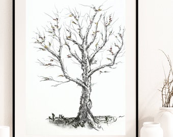 Original Sketch Tree Artwork, Minimalist Abstract Tree Drawing Pencil Charcoal, Rustic Cabin Decor, Landscape Nature Black White Drawing