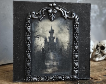 Moonlit Haunted Castle, Gothic Original Artwork on Wood, Hand Painted, Hand Lettered
