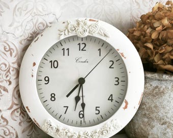 White Wood Wall Clock with Clay Flowers, Shabby Chic Ornate Floral Home Decor