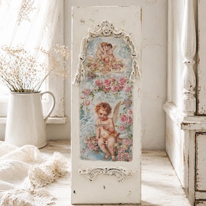 Pannello murale francese con cherubino barocco, targa con immagine di cherubino floreale, frontone shabby chic in stile brocante, arte murale antica in stile vittoriano rococò