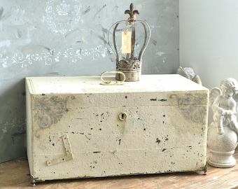Antique Creamy Wooden Trunk Chest, Distressed Furniture