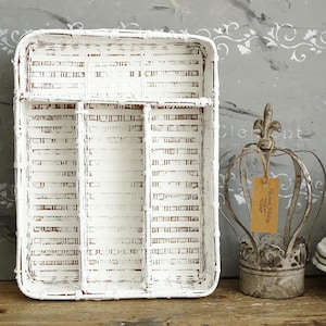 White Wicker Flatware Tray, Cuttlery Caddy Holder, Compartment Divided Box, Drawer Organizer, Shadow Box