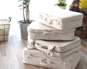 Valigia bianca o grigia, valigia da viaggio impilabile in pelle dipinta in stile shabby chic francese, organizer per biglietti di nozze