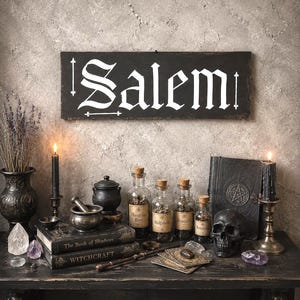 Salem Witch Goth Wood Plaque, Dark Altar Wall Art, Occult Pagan Sign image 1