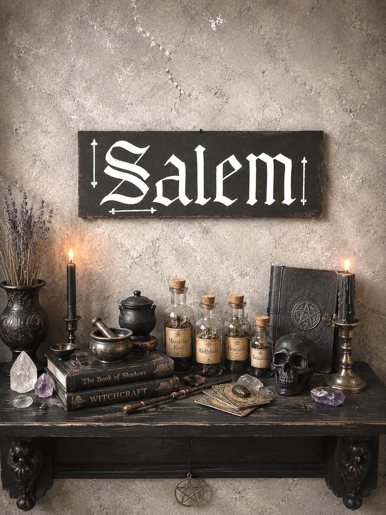 Salem Witch Goth Wood Plaque, Dark Altar Wall Art, Occult Pagan Sign image 1