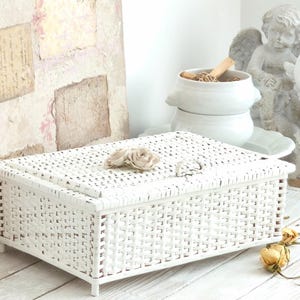 White Wicker Storage Box with Roses, Rectangular Floral Rattan Wicker Woven Basket, Shabby Chic Decor