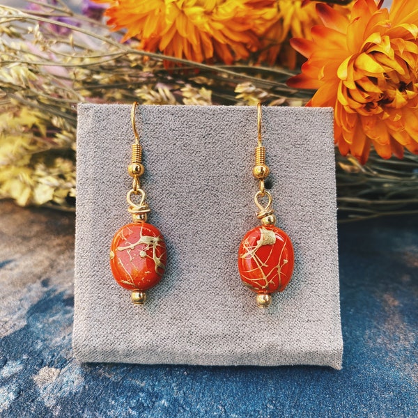 Handmade Dark Orange Gold Speckled drop Earrings | Autumn Earrings | Orange Drop Earrings | Handmade Earrings | Unique Jewellery | Gold