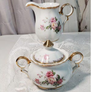 Creamer and Covered Sugar Bowl with Flowers and Flora~Vintage~