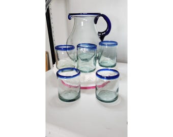 Hand Blown Mexican Glass Pitcher Set Cobalt Blue Rim Drinkware 7 Piece