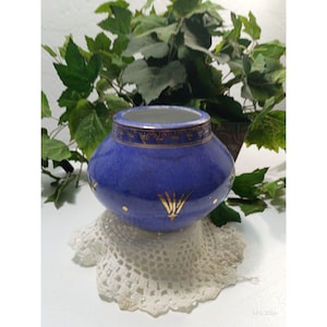 Vintage Ecco Nova Medieval Monarch Cobalt Blue Porcelain Planter, Art Deco Gold Speckled Cachepot, Decorative Flower Vase Home Decor