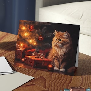 Vintage Cozy Christmas Cat Grußkarten (8, 16 und 24 Stück) - Weihnachtskarten | Katzen Weihnachtskarten | Lustige Katzen-Feiertagsgrüße