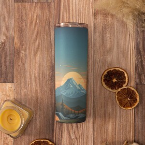 Mountain Camping Skinny Tumbler with Straw, 20oz - Camping Tumbler | Outdoors Tumbler | Mountains Tumbler | Mountain Scene Tumbler