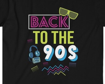 May include: Black t-shirt with a colorful graphic design that says "Back to the 90s". The graphic includes sunglasses, headphones, and a cassette tape.