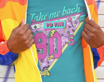 May include: Teal t-shirt with the text "Take me back to the 90's" in a colorful retro design. The person is wearing a multi-colored jacket and neon green shorts. The jacket has orange, yellow, blue, and purple panels.