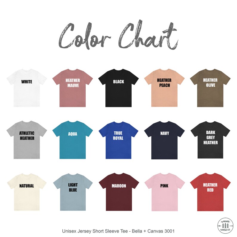 May include: Colour chart displaying 15 different t-shirt colours. The colours include white, heather mauve, black, heather peach, heather olive, athletic heather, aqua, true royal, navy, dark grey heather, natural, light blue, maroon, pink, and heather red.