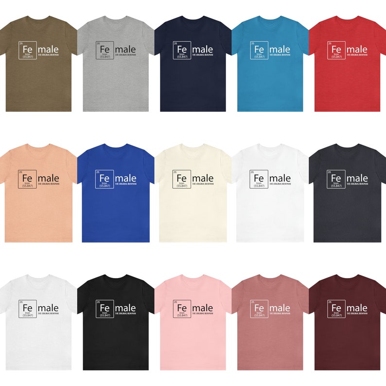 May include: A set of 18 t-shirts in various colours featuring a graphic of the chemical element iron (Fe) with the word "male" written below it. The graphic is styled to look like a periodic table element box.