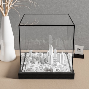 May include: A white 3D model of a city skyline inside a clear glass display case with a black base. The case sits on a light brown surface. The text "Cityvox" is printed on a black card in the background.