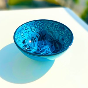 Turquoise Turkish Floral Hand-painted Ceramic Bowl (Three-Flower Design)