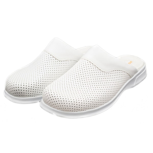 Men's handmade breathable perforated leather sabot clogs, white casual footwear, slippers with memory foam foot beds, durable work shoes.