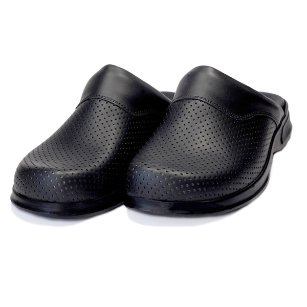 Handmade leather men black clogs, shock absorption work shoes for restaurant staff or dentists